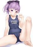  1girl absurdres adjusting_clothes adjusting_swimsuit bangs bare_legs bare_shoulders barefoot blue_one-piece_swimsuit breasts covered_navel fate/grand_order fate_(series) helena_blavatsky_(fate) helena_blavatsky_(swimsuit_archer)_(fate) helena_blavatsky_(swimsuit_archer)_(first_ascension)_(fate) highres looking_at_viewer name_tag one-piece_swimsuit ponytail purple_eyes purple_hair school_swimsuit short_hair short_ponytail sitting small_breasts smile solo swimsuit white_background yamachi_(xadp7533) 