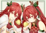  2girls apple atoatto bangs bare_shoulders cordelia_(fire_emblem) cordelia_(winter)_(fire_emblem) detached_sleeves fake_antlers fire_emblem fire_emblem_awakening fire_emblem_fates fire_emblem_heroes food fruit fur_trim gloves golden_apple hair_between_eyes hair_ornament hair_ribbon holding holding_food holding_fruit long_hair looking_at_viewer mother_and_daughter multiple_girls official_alternate_costume quilted_clothes red_eyes red_gloves red_hair ribbon selena_(fire_emblem_fates) selena_(winter)_(fire_emblem_fates) severa_(fire_emblem) signature smile twintails twitter_username upper_body 