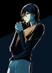  1boy artist_name black_hair black_sweater chainsaw_man cigarette claireiosity dark_background earrings hair_down hayakawa_aki highres holding holding_cigarette jewelry lighting_cigarette limited_palette short_hair smoking solo stud_earrings sweater two-tone_background 