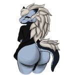  anthro big_butt big_shirt blue_body blue_scales butt diggydog dragon eyewear facial_piercing fur glasses glowing glowing_eyes hair hi_res lizard male markings nose_piercing piercing reptile ring_piercing scales scalie simple_background solo sparkles tail thick_thighs 
