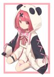  1girl animal_hood bandaid bangs braid closed_mouth crossed_bandaids hair_ornament highres hood hood_up hooded_jacket jacket long_sleeves looking_at_viewer matanukinuki mole mole_under_eye nijisanji panda_hood pink_eyes pink_hair sasaki_saku side_braid simple_background sitting solo thigh_strap virtual_youtuber x_hair_ornament 