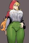 1girl blonde_hair blue_eyes breasts capelet green_pants grey_background grimm_(red_hood) hair_between_eyes hand_on_hip hood hooded_capelet large_breasts long_hair looking_at_viewer nyxkz pants red_hood red_hood_(kawaguchi) shirt shirt_tucked_in simple_background solo thick_thighs thighs tight tight_pants white_shirt 