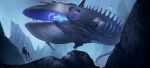  1other abyssal_pacific_princess abyssal_ship blue_whale bubble commentary_request flippers glowing glowing_eyes kantai_collection monster o-sirius open_mouth outdoors scenery turret underwater water weapon whale white_whale 