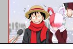  1boy black_hair blush grey_shirt hand_grab hat headphones highres long_sleeves meme monkey_d._luffy multicolored_hair news one_piece one_piece_film:_red parody red_hair red_scarf scarf shirt special_feeling_(meme) two-tone_hair uta_(one_piece) white_hair zerokun135 