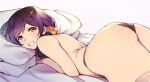  1girl ass bed_sheet black_panties brown_eyes clenched_teeth duke_(inu_daimyou) hair_ornament hair_scrunchie long_hair looking_at_viewer love_live! love_live!_school_idol_project lying on_stomach panties pillow purple_hair revision scrunchie smile solo teeth topless toujou_nozomi underwear underwear_only yellow_scrunchie 