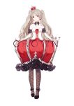  1girl bare_shoulders black_footwear breasts crown dress earrings fishnet_pantyhose fishnets frilled_dress frills full_body grey_hair jewelry long_hair looking_at_viewer mini_crown original pantyhose red_dress red_eyes senryoko small_breasts standing twintails 