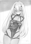  1girl absurdres arms_behind_back bangs bare_shoulders breasts covered_navel elbow_gloves fairy_knight_lancelot_(fate) fate/grand_order fate_(series) forked_eyebrows gloves greyscale highleg highleg_leotard highres kojima_takeshi leotard long_hair looking_at_viewer monochrome sidelocks small_breasts solo thighs 