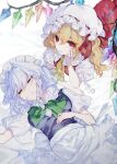  2girls apron arm_support ascot bangs blue_vest bow bowtie braid closed_eyes closed_mouth commentary_request crystal flandre_scarlet green_bow green_bowtie hand_on_own_cheek hand_on_own_face hat hat_ribbon ishikawa_sparerib izayoi_sakuya looking_at_viewer maid_headdress medium_hair mob_cap multiple_girls red_eyes red_ribbon red_vest ribbon shirt short_sleeves touhou twin_braids upper_body vest white_apron white_background white_headwear white_shirt wings yellow_ascot 