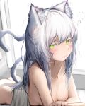  1girl absurdres animal_ear_fluff animal_ears arknights ass bangs blush breasts closed_mouth collarbone green_eyes highres long_hair looking_at_viewer lying medium_breasts on_stomach rosmontis_(arknights) solo tab_head tai white_hair 