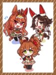  3girls :d animal_ears antenna_hair aston_machan_(umamusume) bangs black_footwear black_hair black_jacket black_thighhighs blush boots border bow brooch brown_border brown_hair chibi clenched_hand closed_mouth commentary_request crown daiwa_scarlet_(scarlet_nuit_etoile)_(umamusume) daiwa_scarlet_(umamusume) detached_sleeves dress fang fur-trimmed_boots fur-trimmed_dress fur-trimmed_jacket fur-trimmed_sleeves fur_trim gloves green_bow green_eyes grey_eyes grey_hair grey_jacket grey_skirt hair_between_eyes hair_intakes hair_over_one_eye hand_up hide_oo highres horse_ears horse_girl horse_tail illuminate_the_heart_(umamusume) index_finger_raised jacket jewelry long_hair long_sleeves looking_at_viewer low_ponytail mini_crown multicolored_hair multiple_girls one_side_up outstretched_arm pants plaid plaid_dress pleated_skirt ponytail red_bow red_dress red_footwear red_gloves red_sleeves skirt smile standing tail thigh_boots thighhighs tilted_headwear two-tone_hair umamusume v v-shaped_eyebrows very_long_hair vodka_(nonfreezing_aqua_vitae)_(umamusume) vodka_(umamusume) white_background white_gloves white_pants 