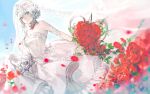  1girl bare_shoulders blue_sky bouquet breasts choker day dress elbow_gloves flower gloves grey_eyes grey_hair hair_between_eyes heart heart_choker highres outdoors petals rose senryoko sinoalice sky small_breasts snow_white_(sinoalice) veil wedding_dress white_dress 