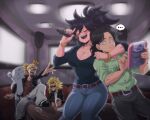  ... 1girl 3boys angry arm_hair belt black_hair blush boku_no_hero_academia bracelet breasts brown_shirt character_request cleavage closed_eyes couch cup denim drink eraser_head_(boku_no_hero_academia) facial_hair glasses green_shirt grey_pants highres holding holding_microphone indoors jacket jeans jewelry karaoke leather leather_jacket lewdamone microphone midnight_(boku_no_hero_academia) multiple_boys music mustache open_mouth pants plate ponytail shirt singing sitting smile spoken_ellipsis table teacher white_shirt yagi_toshinori 