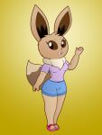  absurd_res anthro blue_bottomwear blue_clothing blue_jeans blue_pants bottomwear brown_body clothing denim denim_clothing eevee female flip_flops footwear generation_1_pokemon hi_res jeans nintendo pants pokemon pokemon_(species) pwmtstar_(artist) renata_(pwmtstar) sandals shirt short solo topwear 