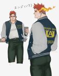  1boy aged_down ass bad_id bad_twitter_id bara blue_eyes boku_no_hero_academia cropped_legs cup denim endeavor_(boku_no_hero_academia) flaming_eye from_side frown highres jacket jeans jo_tuesday19 male_focus multiple_views muscular muscular_male open_clothes open_jacket pants pectorals red_hair scar scar_across_eye short_hair sideburns spiked_hair thick_eyebrows tight tight_pants translation_request 