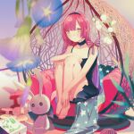  1girl barefoot black_choker black_dress blurry blurry_foreground book breasts chair choker dress flower grey_hair hands_on_feet highres knees_up lily_of_the_valley morning_glory mushroom original pink_hair senryoko sitting small_breasts stuffed_animal stuffed_bunny stuffed_toy toes 