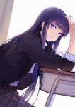  absurdres black_hair blazer blue_eyes blue_necktie classroom desk highres jacket konton_shujin long_hair necktie on_desk school school_desk school_uniform sitting sitting_on_desk touma_kazusa white_album_2 