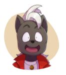  ambiguous_gender anthro bust_portrait clothing ear_piercing freckles geometric_background hi_res jacket jewelry looking_at_viewer male_(lore) mammal mephitid mohawk necklace odd_taxi open_mouth piercing portrait shun_imai_(odd_taxi) simple_background skunk smile smite_(artist) solo topwear 