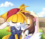 1boy 1girl animal_ears animal_nose backwards_hat blue_sky blush body_fur character_request closed_eyes commentary couple ears_through_headwear flower fox_boy fox_ears fox_tail furry furry_female furry_male grass hair_flower hair_ornament happy hat hetero holding multiple_tails outdoors piriiwana rabbit_ears rabbit_girl sky smile sonic_(series) spanish_commentary tail tails_(sonic) two_tails 