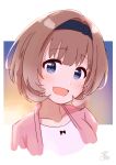  1girl :d bangs blue_eyes blush brown_hair hairband looking_at_viewer maeda_akari pink_shirt shiroi_suna_no_aquatope shirt short_hair simple_background smile soeboshi solo upper_body white_shirt 