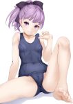  1girl absurdres adjusting_clothes adjusting_swimsuit bangs bare_legs bare_shoulders barefoot blue_one-piece_swimsuit breasts covered_navel fate/grand_order fate_(series) helena_blavatsky_(fate) helena_blavatsky_(swimsuit_archer)_(fate) helena_blavatsky_(swimsuit_archer)_(first_ascension)_(fate) highres looking_at_viewer one-piece_swimsuit ponytail purple_eyes purple_hair school_swimsuit short_hair short_ponytail sitting small_breasts smile solo swimsuit white_background yamachi_(xadp7533) 