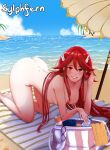  1girl all_fours alternate_breast_size artist_name ass bag beach beach_umbrella blue_sky blush bottle breasts commission commissioner_upload completely_nude cordelia_(fire_emblem) dimples_of_venus fire_emblem fire_emblem_awakening glasses hand_in_own_hair highres long_hair looking_at_viewer lotion medium_breasts nipples nude palm_tree red_eyes red_hair sky smile sunscreen sylphfern teeth towel tree umbrella very_long_hair water water_bottle waves wing_hair_ornament 