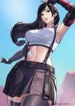  1girl absurdres arm_guards arm_up armpits bangs black_gloves black_hair black_skirt black_thighhighs blue_sky bracer breasts commentary cowboy_shot crop_top earrings elbow_gloves final_fantasy final_fantasy_vii final_fantasy_vii_remake fingerless_gloves floating_hair gloves highres jewelry kagematsuri large_breasts lips long_hair low-tied_long_hair midriff miniskirt navel outdoors pleated_skirt red_eyes revision single_earring skirt sky solo suspender_skirt suspenders swept_bangs tank_top thighhighs tifa_lockhart undershirt white_tank_top zettai_ryouiki 