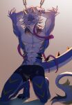  abs anthro ausen blue_body blue_eyes blue_scales bodily_fluids bound bulge chain chained_up clothed clothing countershading dragon ear_piercing eyewear forced genital_fluids hair hi_res horn male mikusansuki0 muscular muscular_male piercing precum scales scalie solo tears white_body white_hair white_scales 