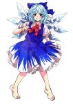  1girl absurdres barefoot blue_bow blue_dress blue_eyes blue_hair blush bow cirno collared_shirt dress fairy full_body grin hair_bow highres ice ice_wings kuya_(hey36253625) puffy_short_sleeves puffy_sleeves shirt short_hair short_sleeves simple_background smile solo touhou white_background white_shirt wings 