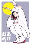  1girl 2023 absurdres animal_ears arm_up bangs black_hair blue_eyes blush_stickers boots breasts chinese_zodiac clothes_writing commentary_request drawstring fake_animal_ears full_body grey_background hand_up high_heel_boots high_heels highres hood hood_up hoodie kanke_(kank06020602) knees_up long_sleeves looking_at_viewer medium_breasts open_mouth original pants parted_bangs puffy_long_sleeves puffy_sleeves rabbit_ears rabbit_tail solo squatting sweat tail teeth thick_eyebrows translation_request two-tone_background upper_teeth_only white_background white_footwear white_hoodie white_pants year_of_the_rabbit 