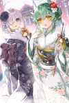  2girls alternate_costume arrow_(projectile) bangs blush commentary_request dragon_girl dragon_horns fate/grand_order fate_(series) floral_print flower green_hair green_kimono hair_flower hair_ornament hair_over_one_eye hand_up highres holding holding_arrow horns japanese_clothes kimono kiyohime_(fate) long_hair long_sleeves looking_at_viewer mash_kyrielight morizono_shiki multiple_girls one_eye_covered outdoors purple_eyes purple_hair purple_kimono sash shrine smile snow wide_sleeves yellow_eyes 