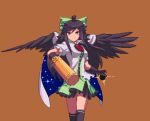  1girl ahoge arm_cannon bangs bird_wings black_gloves black_hair black_sun black_thighhighs black_wings bow breasts brown_background brown_eyes buttons cape closed_mouth collared_shirt commentary_request control_rod elbow_gloves feet_out_of_frame frilled_skirt frills gloves green_bow green_skirt hair_bow long_hair looking_at_viewer medium_breasts miniskirt pixel_art potemki11 reiuji_utsuho shirt short_sleeves simple_background skirt smile solo split_mouth starry_sky_print sun swept_bangs thighhighs third_eye touhou weapon white_cape white_shirt wings 
