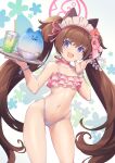  1girl animal_ears bangs bikini blue_archive breasts brown_hair chingisu choker collarbone cup drink drinking_glass drinking_straw flower frilled_bikini frills hair_flower hair_ornament halo highres long_hair looking_at_viewer maid_headdress navel open_mouth pink_bikini purple_eyes ribbon_choker shizuko_(blue_archive) shizuko_(swimsuit)_(blue_archive) small_breasts smile solo standing stomach swimsuit tray twintails very_long_hair white_background 