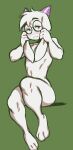  2023 3_toes 4_fingers anthro bangs bedroom_eyes big_ears big_glasses blush bovid caprine deltarune ear_pull eyewear eyewear_only feet fingers girly glasses glasses_only goat green_background hair hi_res horn long_ears looking_at_viewer male mammal midriff modeseven narrowed_eyes navel nude purple_eyes ralsei seductive simple_background sitting solo toes undertale_(series) white_body white_hair white_skin wide_hips 