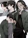  2boys bangs black_hair black_pants black_shirt blonde_hair closed_mouth collared_shirt cowboy_shot earrings formal green_jacket grey_jacket grey_suit hair_between_eyes hand_in_pocket hanemiya_kazutora highres hug jacket jewelry long_sleeves matsuno_chifuyu mole mole_under_eye multicolored_hair multiple_boys neck_tattoo neconecowc pants profile shirt short_hair single_earring standing suit tattoo tokyo_revengers two-tone_hair undercut upper_body white_background yellow_eyes 