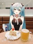  1girl alcohol bag beer beer_mug black_dress blue_hair breasts cake cake_slice cup dated dress food hatsune_miku highres jokanhiyou long_hair looking_at_viewer mug photo_(medium) photo_background plate pov signature sitting sleeveless smile solo spoon strawberry_shortcake twintails very_long_hair vocaloid 