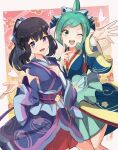  2girls ;d bangs black_hair blush commentary_request dawn_(new_year&#039;s_2023)_(pokemon) dawn_(pokemon) eyelashes green_eyes green_hair green_skirt grey_eyes hair_ornament heart highres japanese_clothes kimono lisia_(new_year&#039;s_2023)_(pokemon) lisia_(pokemon) long_hair multiple_girls official_alternate_costume one_eye_closed open_mouth pleated_skirt pokemon pokemon_(game) pokemon_masters_ex ponytail purple_sash red_skirt sash skirt smile teeth tongue umiru upper_teeth_only 