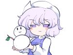  1girl blue_vest blush_stickers closed_mouth fried_rice0614 hair_between_eyes hat letty_whiterock light_purple_hair long_sleeves one-hour_drawing_challenge purple_eyes shirt short_hair simple_background smile snowman solo touhou upper_body vest white_background white_headwear white_shirt 