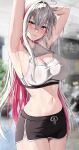  1girl absurdres ahoge armpits arms_up black_shorts blurry blurry_background blush breasts breath cleavage closed_mouth cowboy_shot drawstring earrings gym_shorts heart heart_ahoge heterochromia highres jewelry large_breasts long_hair looking_at_viewer midriff multicolored_hair navel original pink_hair red_hair short_shorts shorts smile solo sports_bra stomach sweat thighs two-tone_hair very_long_hair vitaminechan vivi_(vitaminechan) white_hair yellow_eyes 
