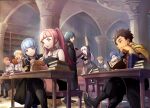  4girls 5boys ^_^ arm_up bangs black_cape black_footwear black_gloves black_hair black_jacket black_pants black_skirt black_vest blonde_hair blue_hair blunt_bangs book boots braid byleth_(fire_emblem) byleth_(male)_(fire_emblem) cape capelet classroom claude_von_riegan closed_eyes collared_shirt cup desk earrings fire_emblem fire_emblem:_three_houses food full_body garreg_mach_monastery_uniform gloves highres hilda_valentine_goneril holding holding_book holding_cup holding_food ignatz_victor indoors jacket jewelry leonie_pinelli long_hair long_sleeves lorenz_hellman_gloucester lysithea_von_ordelia marianne_von_edmund meat moyashi_mou2 multiple_boys multiple_girls orange_hair pants pink_eyes pink_hair purple_hair raphael_kirsten shirt short_hair single_braid single_earring skirt twintails vest white_hair white_shirt yellow_capelet 