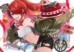  1girl :d bandeau bangs bare_shoulders bent_over black_hair black_shorts breasts cake commentary_request cowboy_shot food grey_jacket hair_over_one_eye happy_birthday highres ichimishiyu jacket lain_paterson large_breasts long_hair long_sleeves looking_at_viewer midriff nijisanji off_shoulder open_mouth ponytail purple_eyes red_hair short_shorts shorts smile solo standing strapless tube_top very_long_hair 