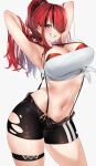  1girl absurdres arched_back armpits arms_up black_eyes black_hair breasts ear_piercing grin hair_over_one_eye hand_in_own_hair highres lain_paterson large_breasts long_hair looking_at_viewer multicolored_hair navel nijisanji open_clothes open_shorts parted_lips piercing ponytail red_hair sanuki_(kyoudashya) short_shorts shorts simple_background smile solo strapless streaked_hair suspender_shorts suspenders sweat thigh_strap torn_clothes torn_shorts tube_top virtual_youtuber 