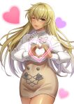  1girl blonde_hair blush breasts commission commissioner_upload cowboy_shot dark-skinned_female dark_skin dress fire_emblem fire_emblem:_the_binding_blade garreg_mach_monastery_uniform heart heart_hands highres igrene_(fire_emblem) kurokuro100 large_breasts lips long_hair looking_at_viewer mature_female mole mole_under_eye non-web_source one_eye_closed short_dress simple_background skeb_commission smile solo thighs yellow_eyes 