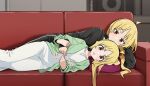  2girls ahoge architecture bangs black_pants black_shirt blonde_hair blurry blurry_background bocchi_the_rock! chestnut_mouth couch depth_of_field dot_nose dress expressionless green_jacket head_on_pillow head_rest holding_another&#039;s_finger ijichi_nijika ijichi_seika jacket long_hair long_sleeves looking_at_viewer lying mm_(mm_chair) multiple_girls on_couch on_side pants red_eyes shirt siblings side_ponytail sisters sleeves_past_wrists v-shaped_eyebrows white_dress 
