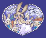  &lt;3 2023 ambiguous_gender anthro blue_eyes brown_body brown_fur carrot clothing digital_media_(artwork) dress english_text female food fur group hair loporrit nakitacat new_year_2023 plant simple_background surprise text transformation vegetable whiskers white_clothing white_dress 