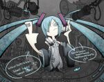  1girl animenishikihebi binary blue_eyes detached_sleeves dj frown hair_over_one_eye hatsune_miku headphones instrument keyboard_(instrument) long_hair megaphone microphone middle_finger nail_polish necktie solo speaker speech_bubble toon_(style) translated twintails vocaloid 