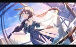  1girl amiya_(arknights) animal_ear_fluff animal_ears arknights bangs blue_dress blue_eyes brown_hair commentary_request dress eatos fisheye hair_between_eyes holding holding_instrument instrument looking_at_viewer looking_back ponytail rabbit_ears rabbit_girl sheet_music sidelocks solo violin 