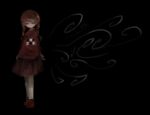  1girl black_background braid brown_hair closed_eyes full_body madotsuki mosamochi pink_sweater purple_skirt red_footwear red_skirt skirt solo sweater thighhighs twin_braids white_thighhighs yume_nikki 