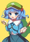  1girl :d absurdres backpack bag bangs blue_eyes blue_hair blue_skirt breasts cattail e_sdss frilled_shirt_collar frills green_headwear hair_bobbles hair_ornament hat highres holding holding_plant kawashiro_nitori key long_sleeves looking_at_viewer open_mouth plant shirt simple_background skirt small_breasts smile solo touhou two_side_up v-shaped_eyebrows yellow_background 