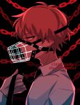  1boy 1other artist_name black_background black_necktie blonde_hair chain chainsaw_man claireiosity collared_shirt denji_(chainsaw_man) highres holding_necktie looking_to_the_side muzzle necktie out_of_frame red_eyes red_theme shirt short_hair solo_focus white_shirt 