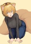  1girl absurdres all_fours alternate_costume animal_ears bangs blonde_hair blush breasts chanta_(ayatakaoisii) denim fox_ears from_above grey_sweater highres huge_breasts jeans looking_at_viewer multiple_tails no_headwear nose_blush open_mouth pants short_hair simple_background sitting slit_pupils solo sweater tail teeth touhou yakumo_ran yellow_background 